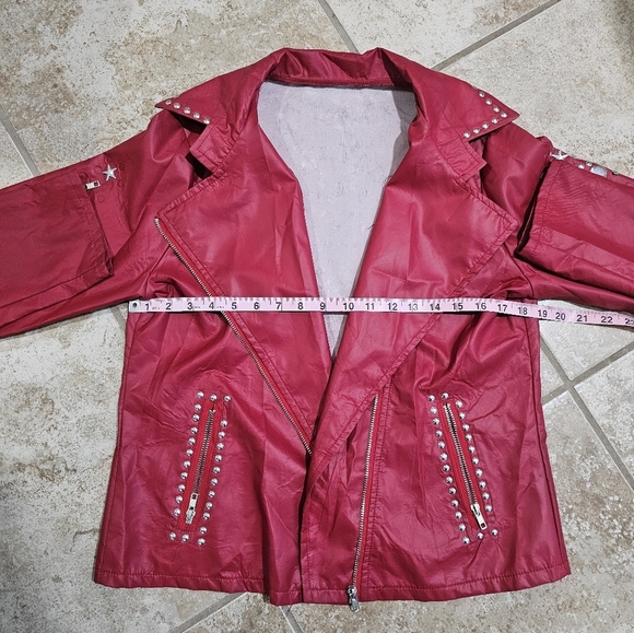 Women’s Medium Red Studded Moto Jacket Retro Lightweight Windbreaker Style Zip - Picture 6 of 7